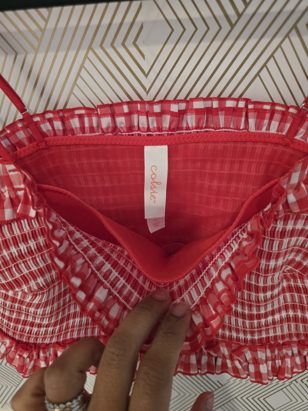 Colsie Women's Red Gingham Woven Bandeau Bralette/Smocked Crop Top - Picture 6 of 8